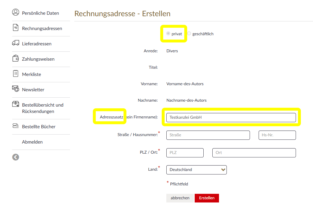 Rechnungsadresse erstellen